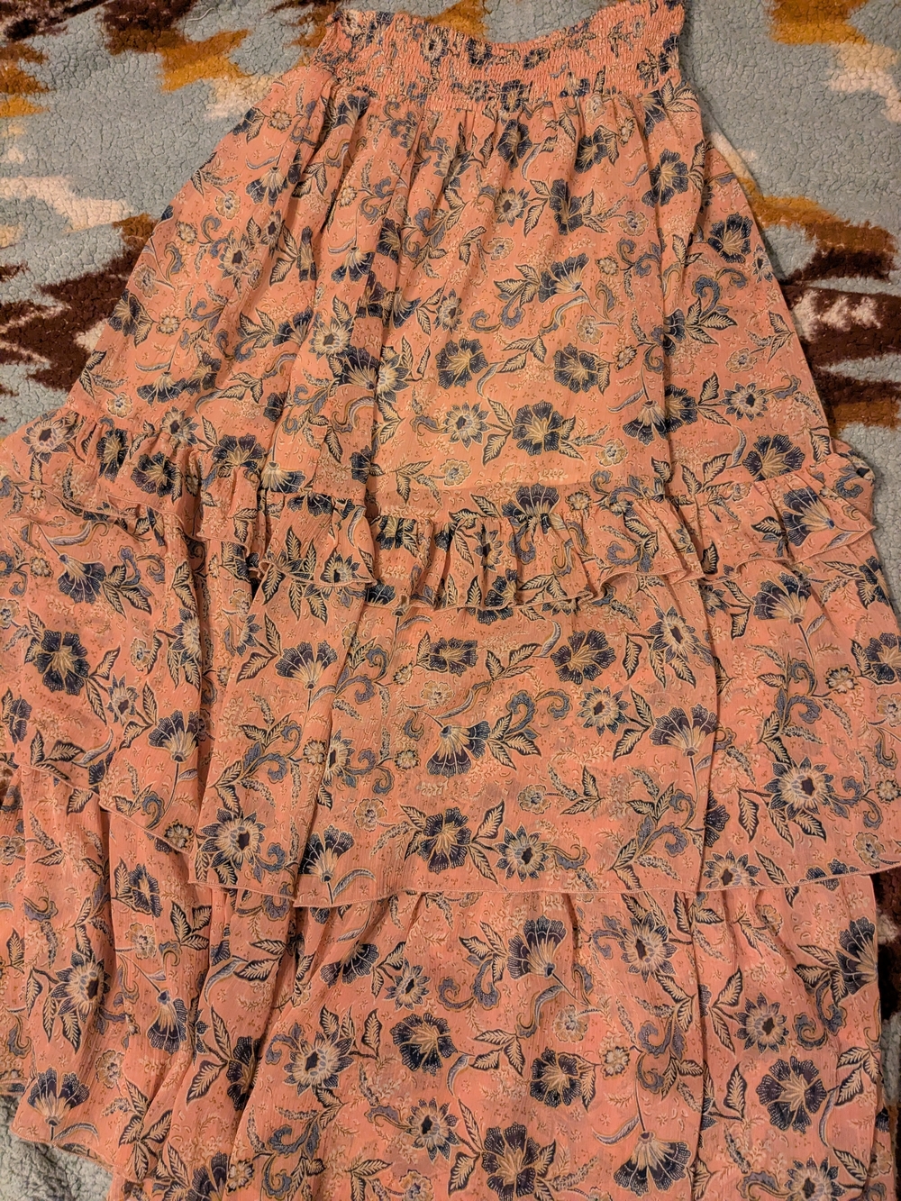 Patrons of Peace Peach and Navy Smocked Maxi Skirt